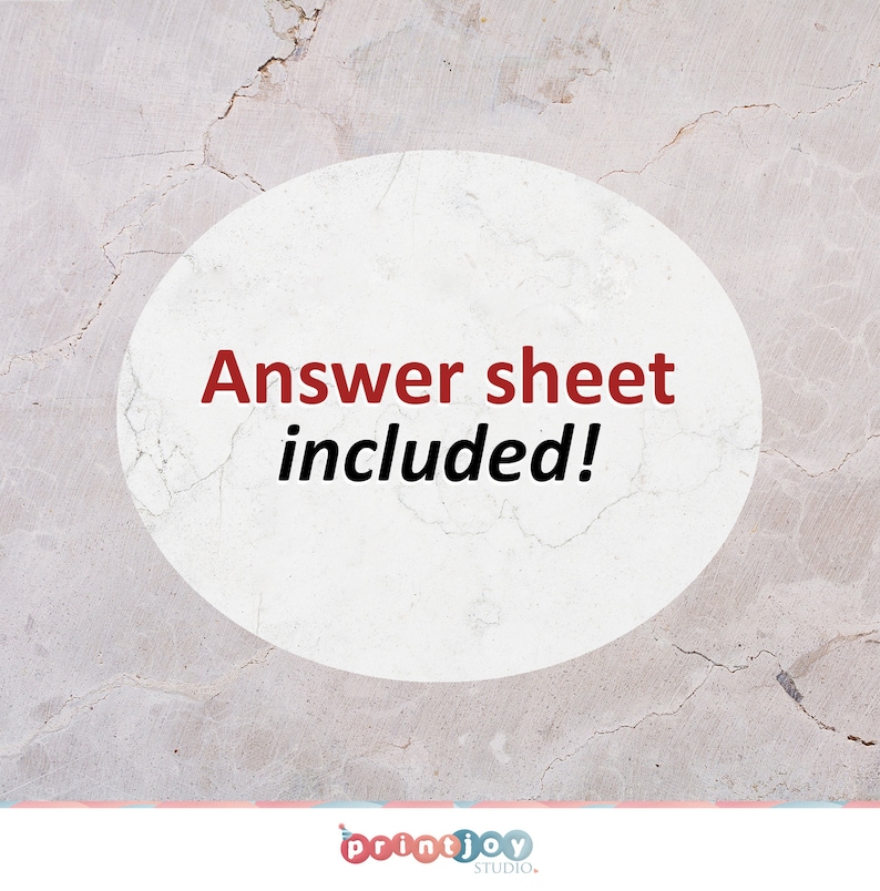 May include: A white oval shape centered on a light gray cracked stone background. The text "Answer sheet included!" is printed in the center in dark red and black. At the bottom, the logo "printjoy STUDIO" appears with a small party hat icon.