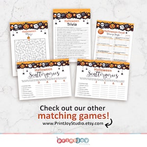 May include: A set of printable Halloween party games featuring a maze, trivia, scattergories, and a survey says game. The games are decorated with orange, black, and white pumpkins, skulls, and bats.