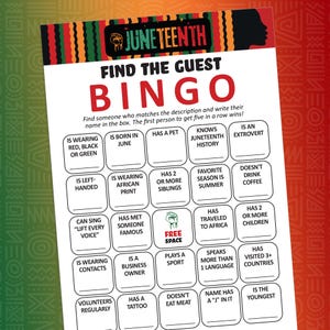 Juneteenth Find the Guest Bingo, Juneteenth-spel, Mensenbingo, Juneteenth-activiteit, Find the guest-spel, Mingle-bingokaarten, Juneteenth BBQ