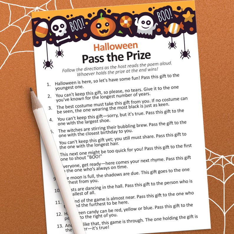 May include: A printable Halloween game card with instructions for a "Pass the Prize" game. The card features a spooky Halloween theme with ghosts, pumpkins, and candy corn.