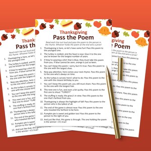 May include: A Thanksgiving Pass the Poem game sheet featuring a white background with a border of autumn-themed illustrations including acorns, leaves, apples, and pumpkin pies. A gold pen rests on the paper, which lists thirteen rhyming instructions.