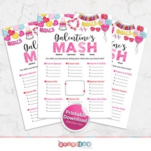 May include: A printable Galentine's Day game called "MASH" with a pink and white color scheme. The game asks players to choose between different options for their future, such as a mansion, apartment, shack, or house. The game also includes options for future spouse, job, number of kids, pet, career, location, car, and car color.