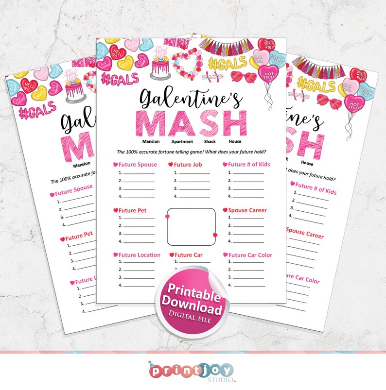 May include: A printable Galentine's Day game called "MASH" with a pink and white color scheme. The game asks players to choose between different options for their future, such as a mansion, apartment, shack, or house. The game also includes options for future spouse, job, number of kids, pet, career, location, car, and car color.