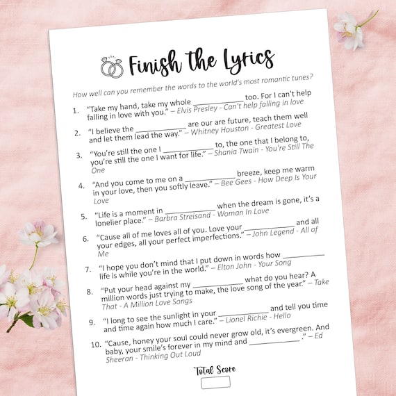 Finish the lyrics, Bridal shower games printed, Wedding shower games, Printable games, Wedding game, Wedding reception games, Bridal games