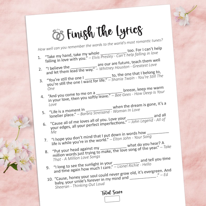 May include: A printable game with 10 questions about popular love songs. Each question asks the player to finish the lyrics of a famous love song. The game includes the song title and artist for each question.