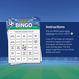以下が含まれることがあります： サッカーボールのグラフィックと「Soccer Bingo」の文字が入ったサッカービンゴゲームカード。カードには「オフサイド」や「コーナーキック」などのサッカー関連用語が記載されたボックスがあります。説明書も含まれています。