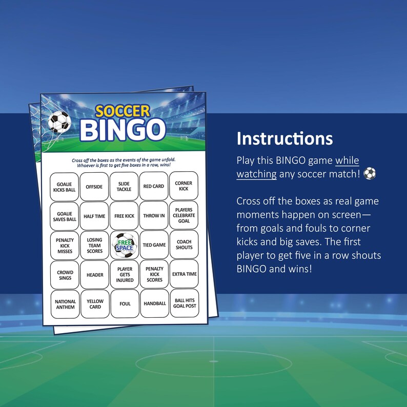 以下が含まれることがあります： サッカーボールのグラフィックと「Soccer Bingo」の文字が入ったサッカービンゴゲームカード。カードには「オフサイド」や「コーナーキック」などのサッカー関連用語が記載されたボックスがあります。説明書も含まれています。