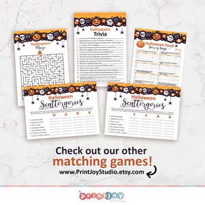 May include: A set of printable Halloween party games featuring a maze, trivia, scattergories, and a survey says game. The games are decorated with orange, black, and white pumpkins, skulls, and bats.