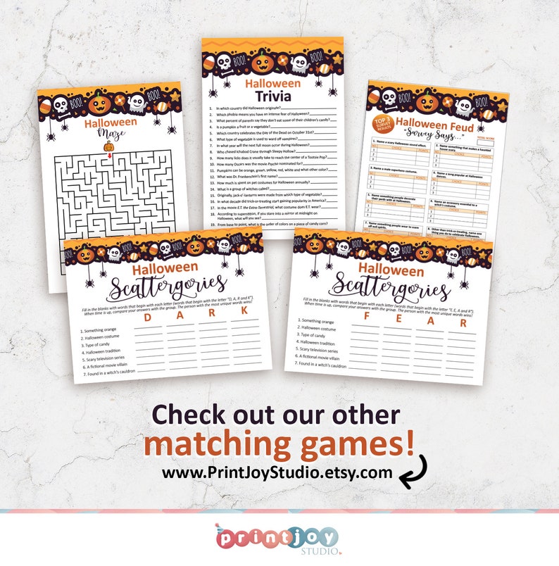 May include: A set of printable Halloween party games featuring a maze, trivia, scattergories, and a survey says game. The games are decorated with orange, black, and white pumpkins, skulls, and bats.