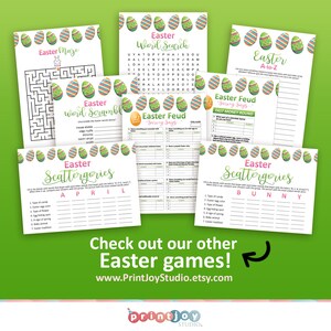 Puede incluir: Una colecci&oacute;n de juegos de Pascua imprimibles, que incluyen un laberinto, una b&uacute;squeda de palabras, una palabra revuelta, scattergories y un juego de la A a la Z. Los juegos presentan un esquema de color verde y rosa con im&aacute;genes de huevos de Pascua.