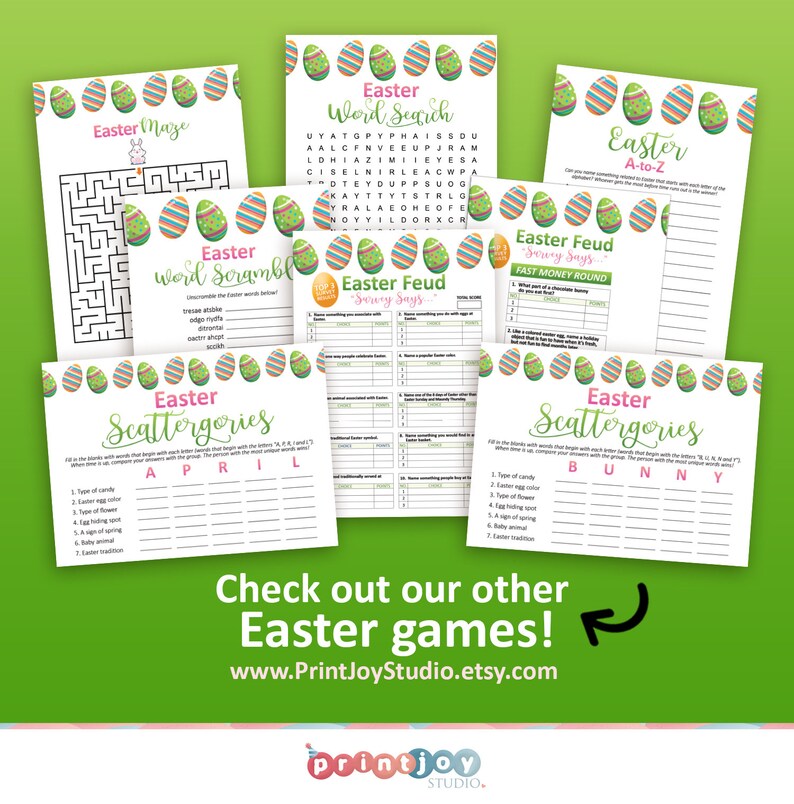 Puede incluir: Una colecci&oacute;n de juegos de Pascua imprimibles, que incluyen un laberinto, una b&uacute;squeda de palabras, una palabra revuelta, scattergories y un juego de la A a la Z. Los juegos presentan un esquema de color verde y rosa con im&aacute;genes de huevos de Pascua.