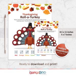 May include: Printable Thanksgiving game for children. The game features a colourful turkey with a pilgrim hat and a dice roll game. The game is available in two sizes: 8.5 x 11 inches and 5 x 7 inches.