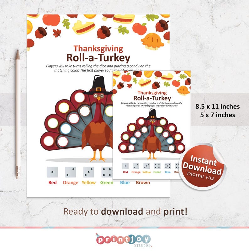May include: Printable Thanksgiving game for children. The game features a colourful turkey with a pilgrim hat and a dice roll game. The game is available in two sizes: 8.5 x 11 inches and 5 x 7 inches.