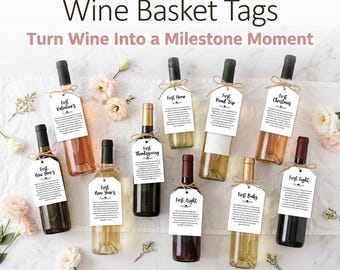Marriage milestone wine labels, printable gift tags, marriage milestone cards, wine labels wedding, wine gift basket, tags for wine bottles