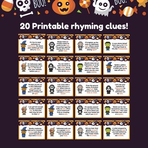 Puede incluir: Veinte pistas de rimas imprimibles para una b&uacute;squeda del tesoro de Halloween. Cada pista presenta un personaje de dibujos animados y un acertijo que rima. Las pistas est&aacute;n impresas en tarjetas naranjas y negras con un tema de Halloween.
