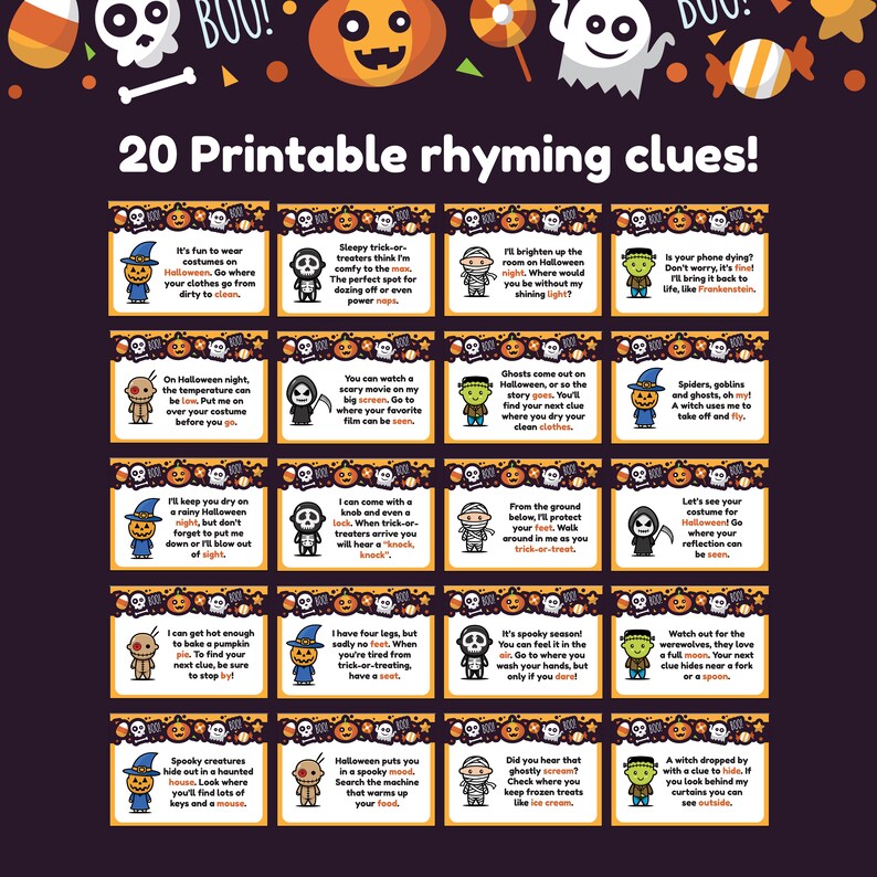 Puede incluir: Veinte pistas de rimas imprimibles para una b&uacute;squeda del tesoro de Halloween. Cada pista presenta un personaje de dibujos animados y un acertijo que rima. Las pistas est&aacute;n impresas en tarjetas naranjas y negras con un tema de Halloween.
