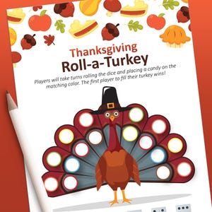 May include: A Thanksgiving-themed game board featuring a cartoon turkey wearing a pilgrim hat. The board has circles of different colours around the turkey, and the text "Thanksgiving Roll-a-Turkey" is at the top. Players take turns rolling the dice and placing a sweet on the matching colour. The first player to fill their turkey wins!
