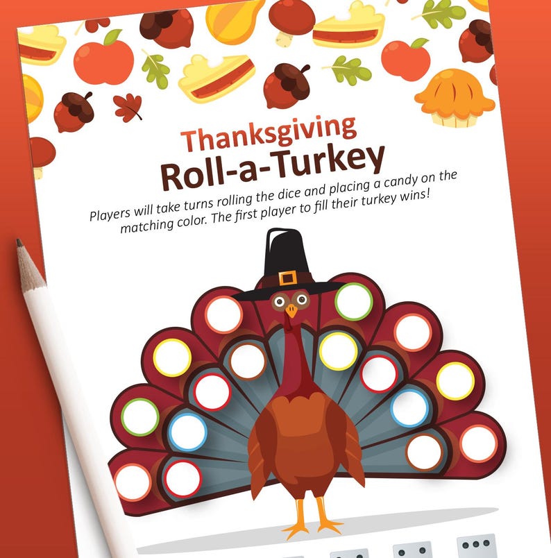 May include: A Thanksgiving-themed game board featuring a cartoon turkey wearing a pilgrim hat. The board has circles of different colours around the turkey, and the text "Thanksgiving Roll-a-Turkey" is at the top. Players take turns rolling the dice and placing a sweet on the matching colour. The first player to fill their turkey wins!