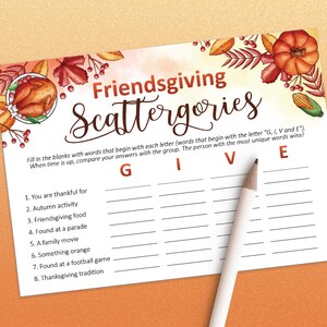 Friendsgiving games, Friendsgiving Scattergories, Friendsgiving Decor, Thanksgiving friends, Printable games, Friends thanksgiving