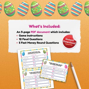 May include: Easter-themed digital download with game instructions, feud questions, and fast money round questions. Includes printable cards with survey questions about Easter eggs and related activities. Features colorful Easter egg graphics.