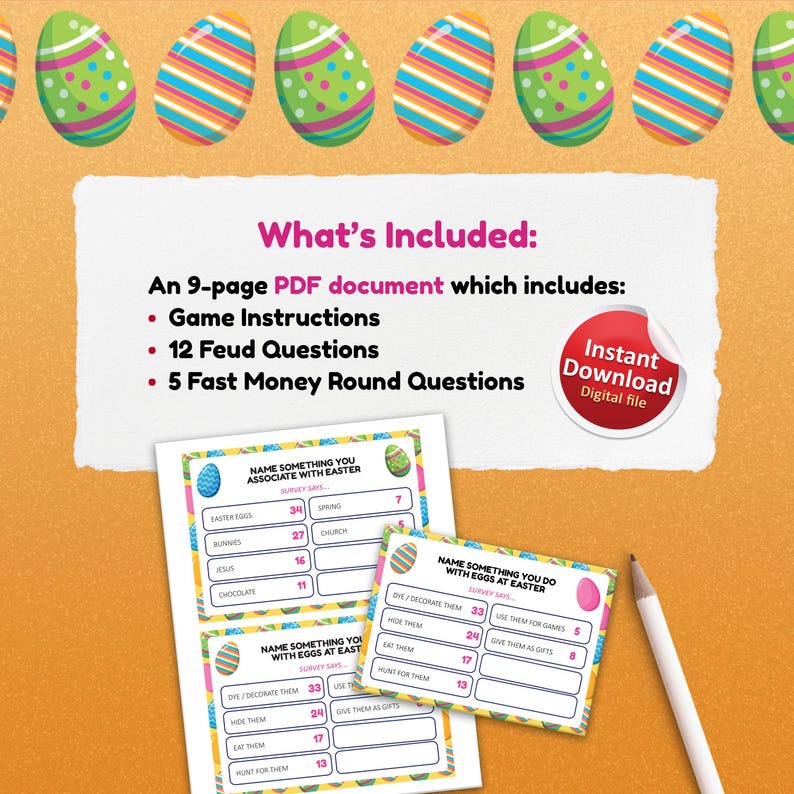 May include: Easter-themed digital download with game instructions, feud questions, and fast money round questions. Includes printable cards with survey questions about Easter eggs and related activities. Features colorful Easter egg graphics.