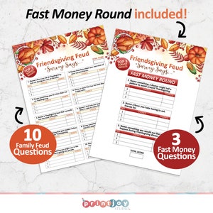 May include: Two printed game sheets titled Friendsgiving Feud Survey Says with autumn-themed borders featuring pumpkins, corn, and roasted turkey. One sheet contains ten survey questions, and the other includes a Fast Money Round with three questions.