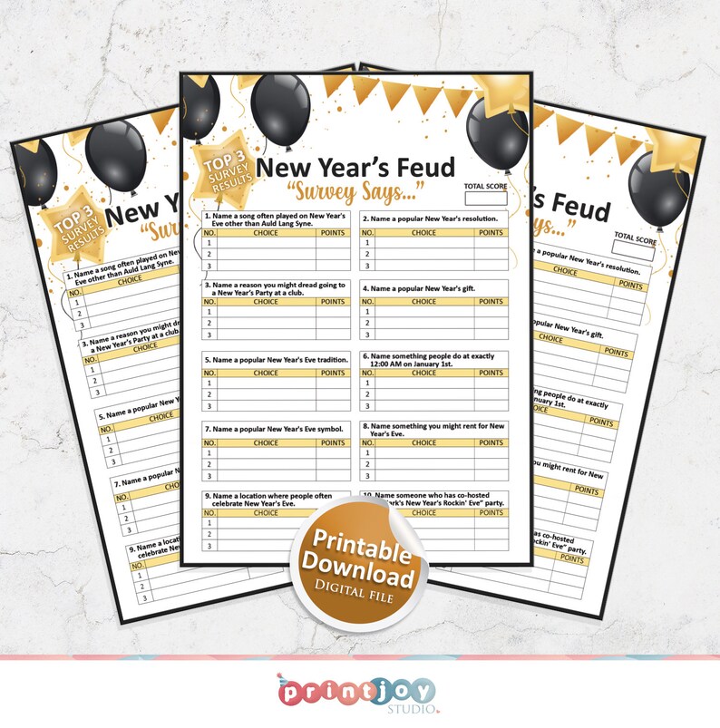 May include: Printable New Year's Feud game with a gold and black colour scheme. The game includes questions about New Year's Eve traditions, resolutions, and symbols. The game is designed for a group of people to play together.