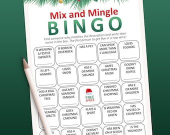 May include: A Christmas-themed bingo card with a festive green and red border. The card has 25 squares with various Christmas-related prompts, such as "Is wearing a festive sweater", "Has a pet", "Loves eggnog", and "Has 2 or more siblings".