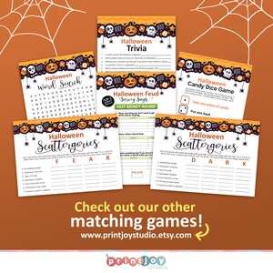 Peut inclure: Un ensemble de jeux de f&ecirc;te d'Halloween imprimables sur le th&egrave;me de l'horreur. Les jeux comprennent Halloween Trivia, Halloween Word Search, Halloween Scattergories, Halloween Feud et Halloween Candy Dice Game. Les jeux sont d&eacute;cor&eacute;s de citrouilles, de fant&ocirc;mes et de cr&acirc;nes.