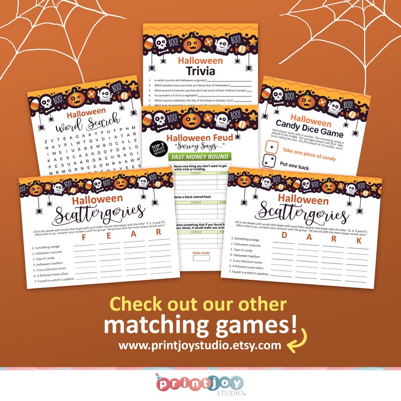 Peut inclure: Un ensemble de jeux de f&ecirc;te d'Halloween imprimables sur le th&egrave;me de l'horreur. Les jeux comprennent Halloween Trivia, Halloween Word Search, Halloween Scattergories, Halloween Feud et Halloween Candy Dice Game. Les jeux sont d&eacute;cor&eacute;s de citrouilles, de fant&ocirc;mes et de cr&acirc;nes.
