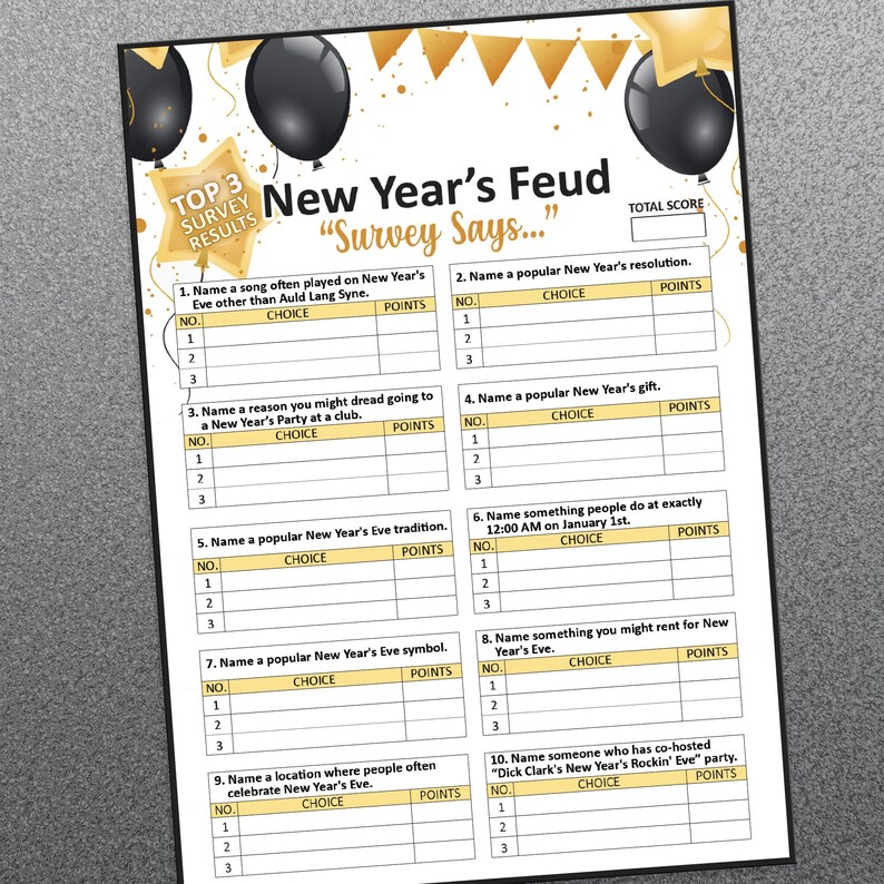 May include: A printable New Year's Eve party game called "New Year's Feud" with the text "Survey Says..."  The game has a list of questions and spaces to write in answers.  The game is decorated with black and gold balloons.