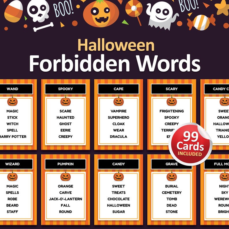 May include: A set of 99 Halloween-themed word game cards. Each card features a pumpkin with a different word list. The words are related to Halloween themes like spooky, scary, candy, and magic. The cards are orange and white with black text.