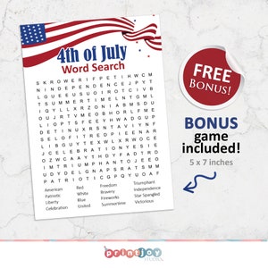 May include: A printable 4th of July word search puzzle with a red, white, and blue American flag design. The puzzle includes words related to the holiday, such as "independence", "freedom", and "patriotic". A bonus game is also included.