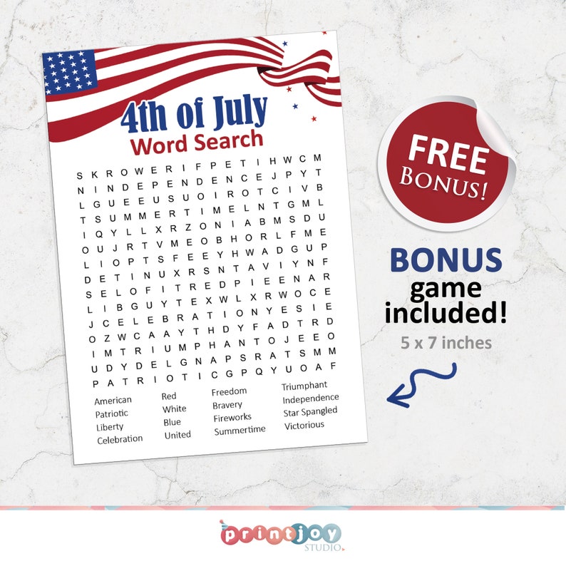 May include: A printable 4th of July word search puzzle with a red, white, and blue American flag design. The puzzle includes words related to the holiday, such as "independence", "freedom", and "patriotic". A bonus game is also included.