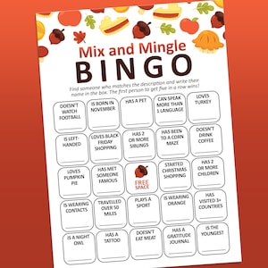 Thanksgiving Games Printable, Mix and Mingle Game, Party Games, Adult Games, Family Games, Thanksgiving Table Games, Human bingo game image 1