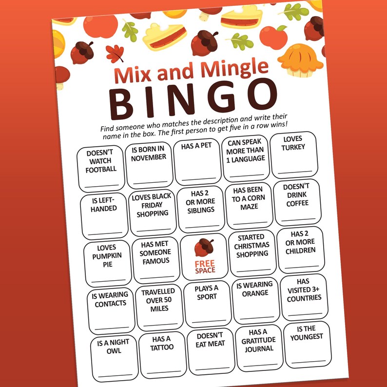Thanksgiving Games Printable, Mix and Mingle Game, Party Games, Adult Games, Family Games, Thanksgiving Table Games, Human bingo game image 1
