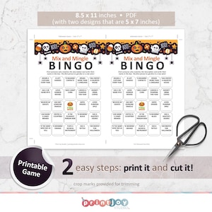 Pu&ograve; includere: Due schede di bingo di Halloween stampabili con un tema di mix e mingle. Le schede misurano 5 x 7 pollici e presentano un design con una zucca, un fantasma e un mais dolce. Le schede hanno una variet&agrave; di prompt come "Indossa un costume ogni anno" e "Ha una laurea magistrale".