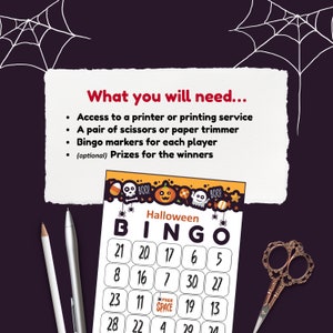 Peut inclure: Un carton de bingo d'Halloween imprimable avec un design festif orange, noir et blanc. Le carton comporte les num&eacute;ros de 1 &agrave; 30, une case gratuite et un th&egrave;me d'Halloween.