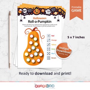 May include: Printable Halloween Roll-a-Pumpkin game. The game board features a pumpkin with 15 circles to fill with sweets. The game includes a die with six sides, each side representing a different colour: red, orange, yellow, green, blue, and brown. The game is 5 x 7 inches.