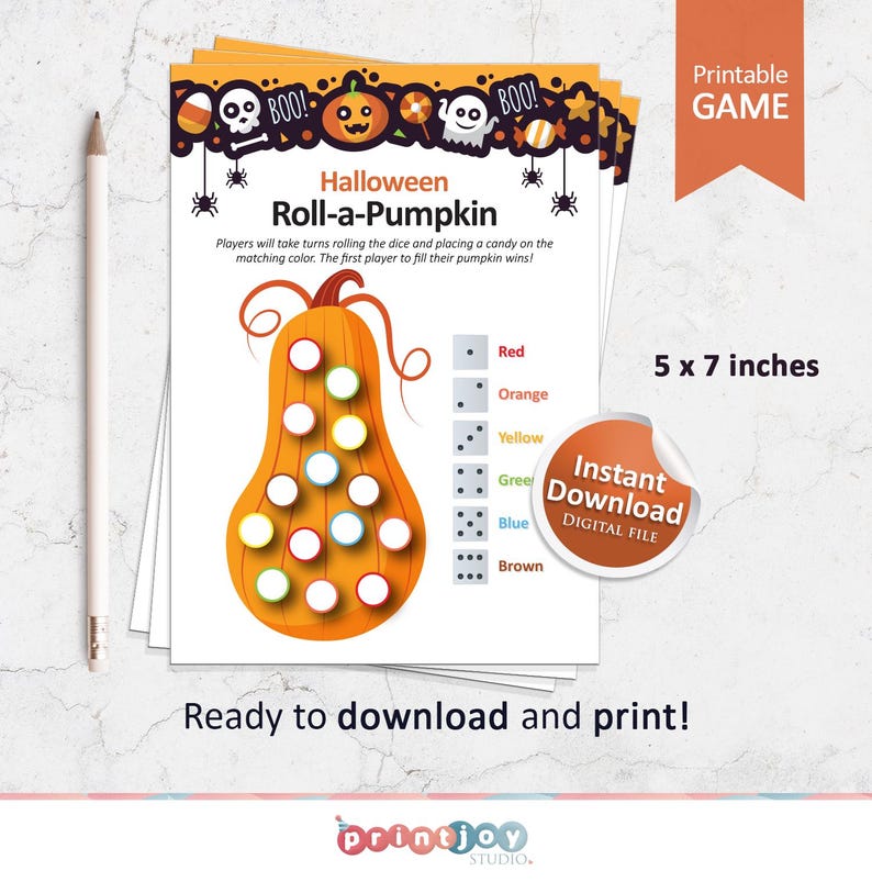 May include: Printable Halloween Roll-a-Pumpkin game. The game board features a pumpkin with 15 circles to fill with sweets. The game includes a die with six sides, each side representing a different colour: red, orange, yellow, green, blue, and brown. The game is 5 x 7 inches.