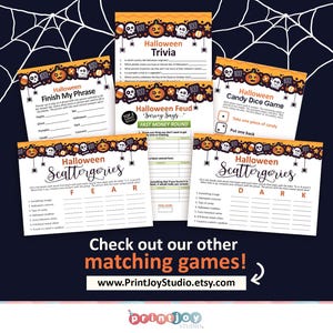 Pu&ograve; includere: Un set di giochi di festa di Halloween stampabili con grafica arancione, nera e bianca. I giochi includono "Halloween Trivia", "Halloween Finish My Phrase", "Halloween Feud "Survey Says..." Fast Money Round", "Halloween Candy Dice Game" e "Halloween Scattergories" con le categorie "FEAR" e "DARK".