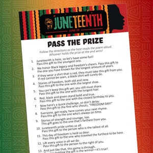 Pode incluir: Um cartão de jogo do Juneteenth com o texto "Juneteenth" e "June 19". O cartão inclui instruções para um jogo chamado "Passar o Prêmio" com vários desafios e regras. O fundo apresenta padrões geométricos.