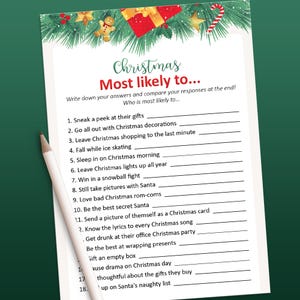 Most likely to, Who&#39;s most likely to game, Christmas games, Printable game, Christmas party game, Games for adults, Holiday party games