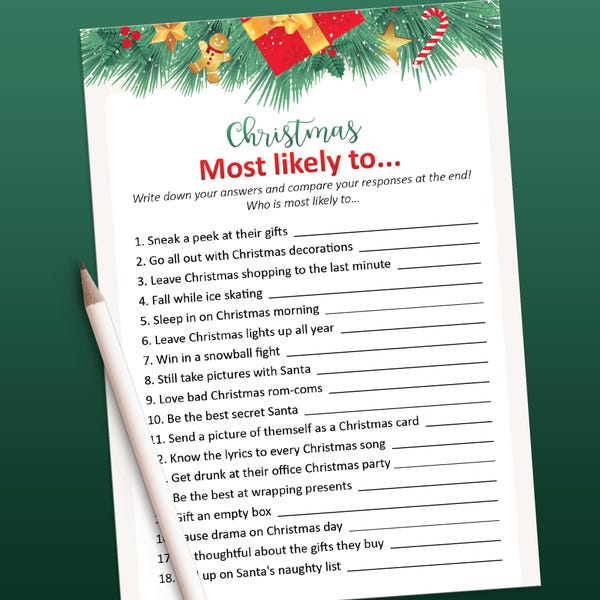 Most likely to, Who's most likely to game, Christmas games, Printable game, Christmas party game, Games for adults, Holiday party games