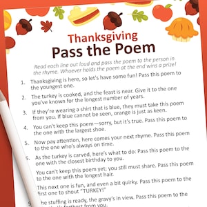 May include: A white paper sheet featuring the title Thanksgiving Pass the Poem in dark brown text, surrounded by colorful illustrations of acorns, leaves, and pies. The poem includes numbered instructions for a group game, accompanied by a white pencil.