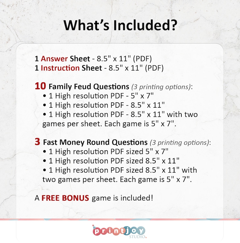 Puede incluir: Un fondo blanco con el texto "&iquest;Qu&eacute; est&aacute; incluido?" enumera archivos de juegos digitales. Incluye hojas de respuestas e instrucciones, 10 preguntas de Family Feud y 3 preguntas de Fast Money Round. Los tama&ntilde;os de PDF son 12,7 cm x 17,8 cm y 21,6 cm x 27,9 cm. Se incluye un juego de bonificaci&oacute;n gratuito.