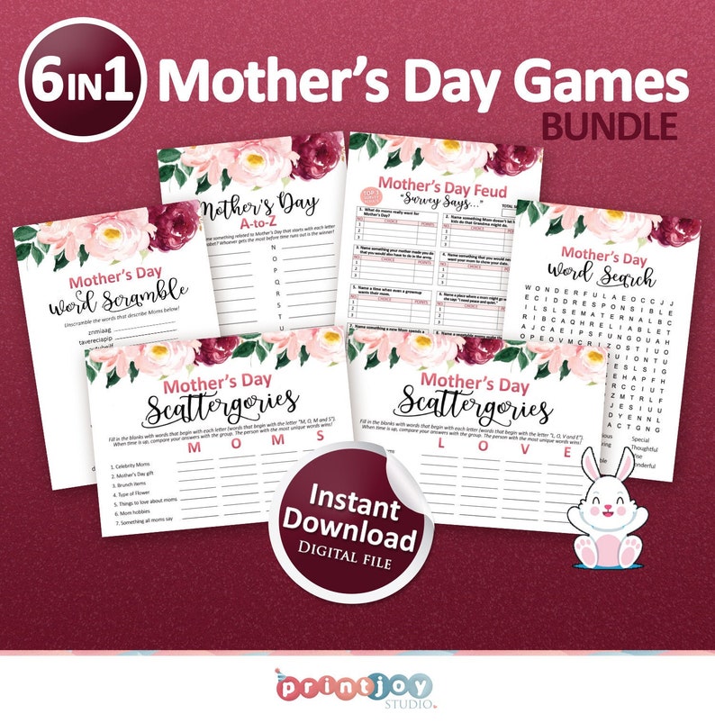 May include: A collection of six Mother's Day games, including word scramble, A-to-Z, Scattergories, and word search. The games feature floral designs in pink and burgundy. A digital download is available, as indicated by the text on the image.