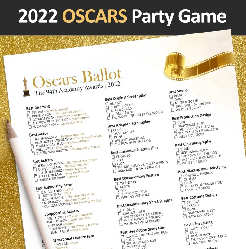 oscar party game oscar ballot oscars 2022 oscar theme etsy