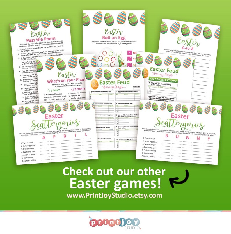 May include: A collection of Easter-themed printable games, including "Pass the Poem," "Roll-an-Egg," and "Scattergories." Each game sheet features colorful Easter egg designs and playful fonts. The image also includes the text "Check out our other Easter games!"