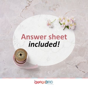 May include: A white speech bubble with the text "Answer sheet included!" on a gray textured background. Pink flowers and a spool of pink ribbon are on the background.